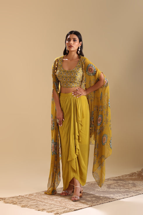 Eraya emblished Drape Skirt Set With Cape